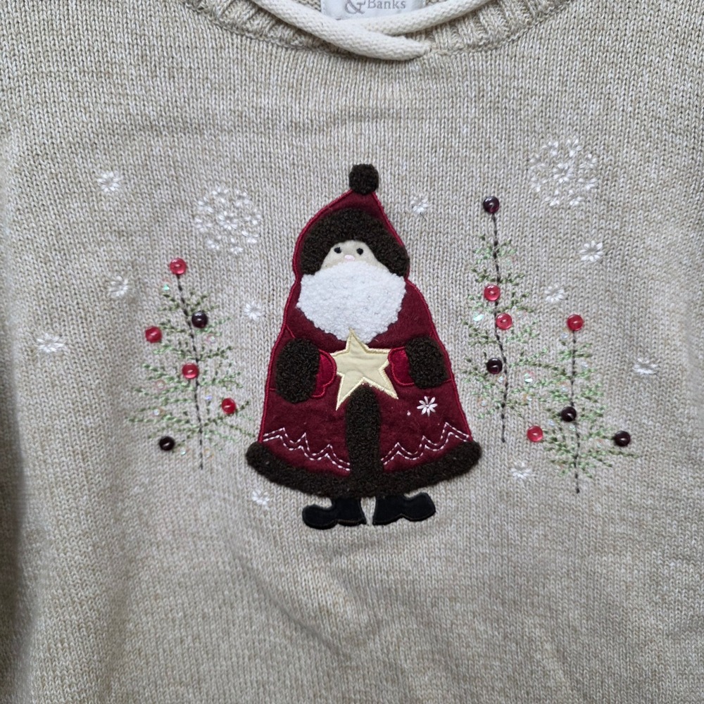 Christopher  Banks Santa Christmas Sweater Embroidered Beige Cotton Blend Medium - Picture 3 of 11